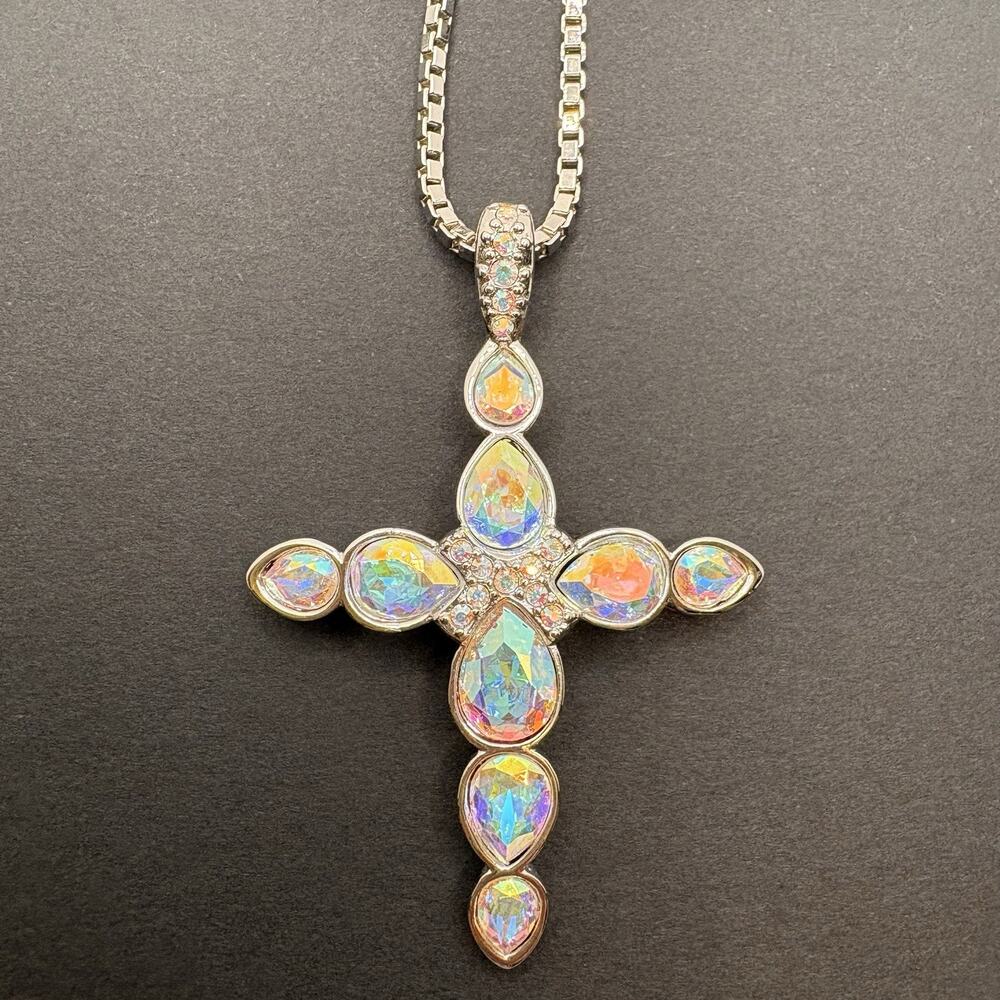 Swarovski Iridescent Crystal Cross Pendant Necklace in Silver Tone